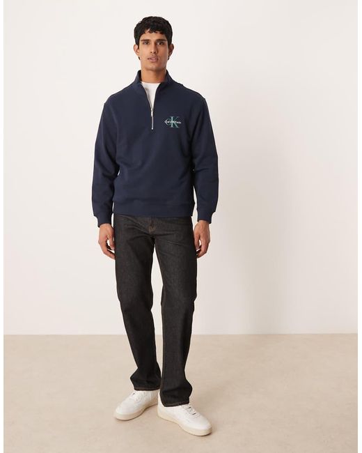 Calvin Klein Blue Monologo Cotton Quarter Zip Sweatshirt for men