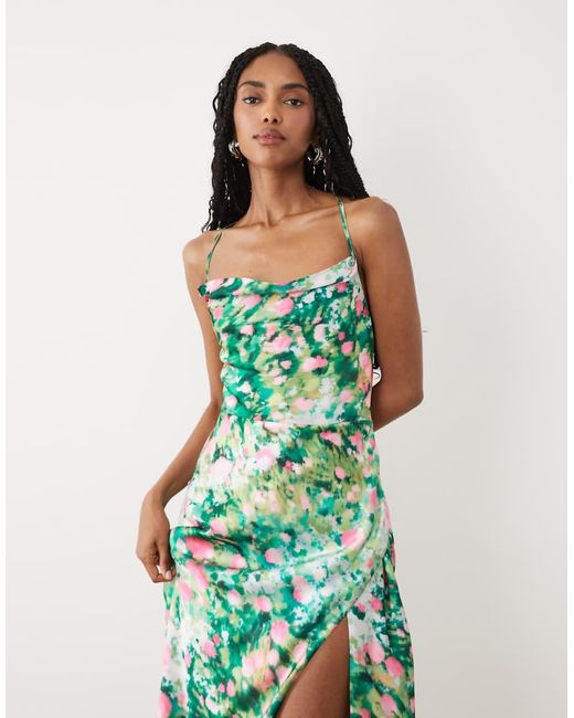 Hope & Ivy Green Satin Cami Cowl Neck Open Tie Back Maxi Dress