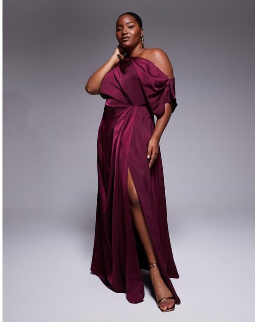 ASOS Asos Design Curve Exclusive Satin Fallen Shoulder Shoulder Side Split Maxi  Dress in Purple | Lyst