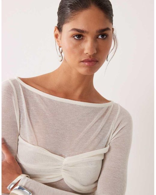 ASOS White Knit-look Semi Sheer Long Sleeve Top With Ruched Bust Overlay