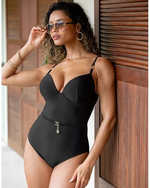 Pour Moi Black St Barts Push-Up Boost Padded Underwired Tummy Control Swimsuit