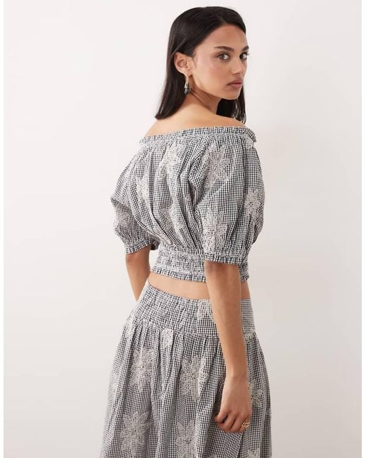 Y.A.S Gray Floral Embroidered Milkmaid Style Crop Top Co-ord