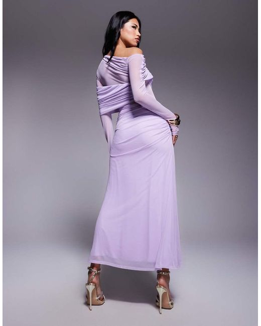ASOS Purple Long Sleeve Slouchy Bardot Mesh Mix Maxi Dress
