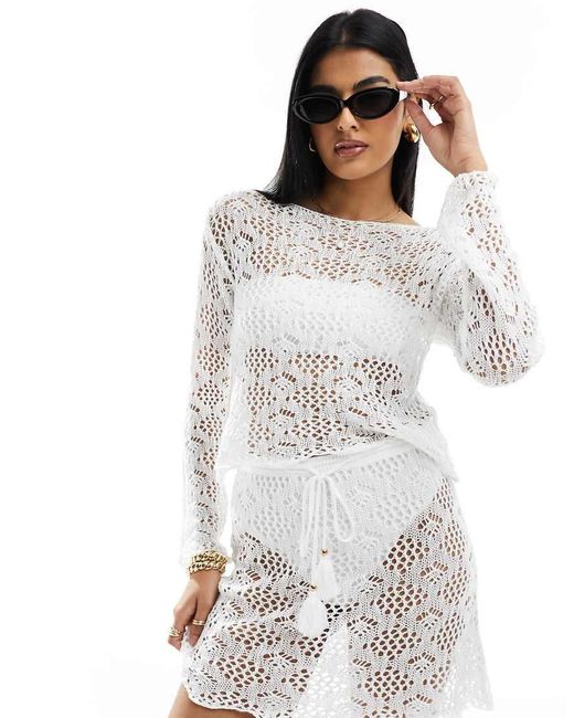 Miss Selfridge White Crochet Long Sleeve Slouchy Top
