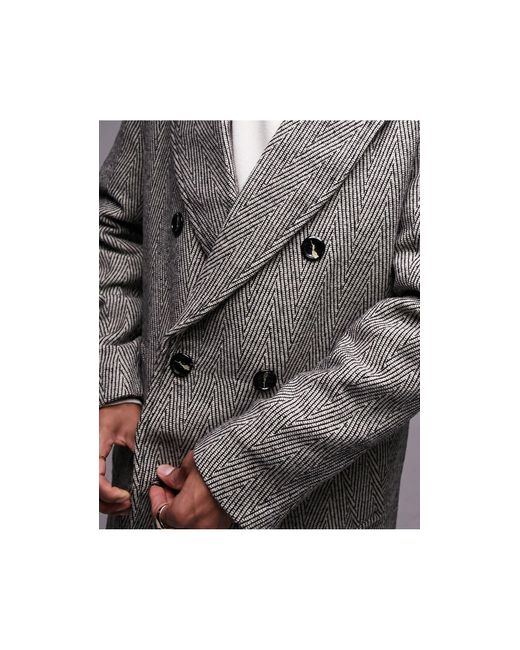 Topman Gray Double Breasted Herringbone Overcoat for men