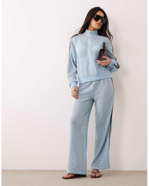 Kaiia Blue Exclusive Crochet Zip Through Contrast Stripe Track Jacket Co-ord