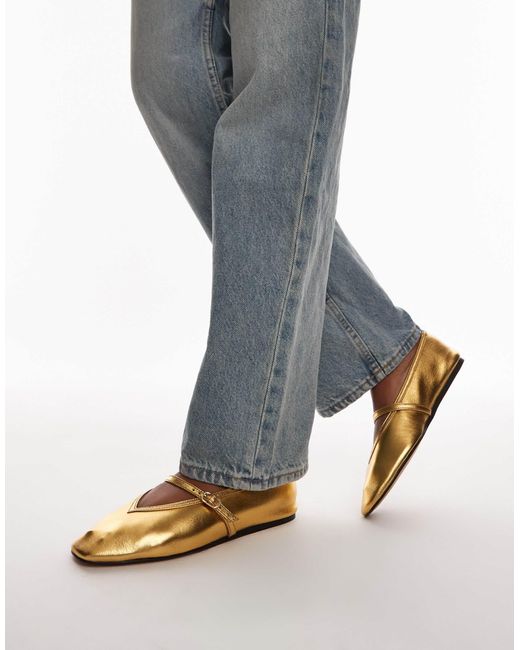 TOPSHOP Blue Babette Leather V Detail Ballet Flats