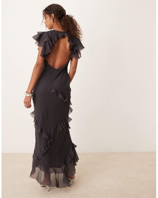 ASOS Natural Cowl Neck Frill Sleeve Ruffle Maxi Dress