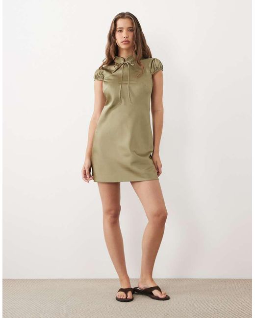 Miss Selfridge Natural Satin Tie Neck Mini Dress