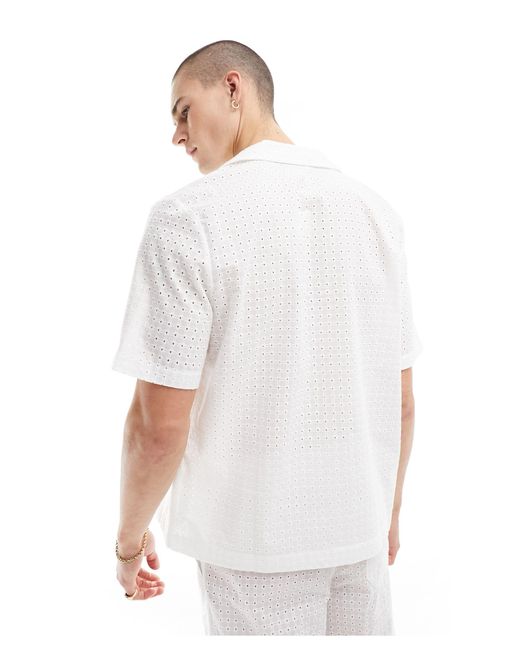 ASOS White Short Sleeve Co-ord Relaxed Revere Collar Broderie Shirt for men