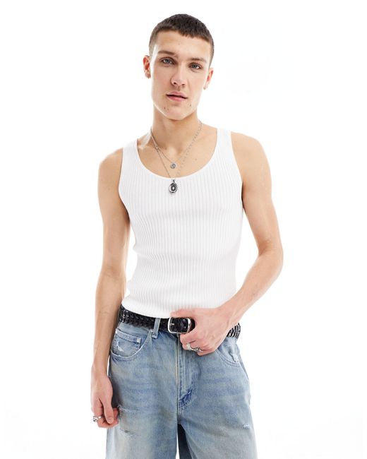 Collusion White Ribbed Knitted Singlet for men
