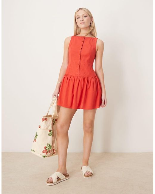 ASOS Mini-Jurk Met Rechte Hals, Verlaagde Taille En Knopen in het Red