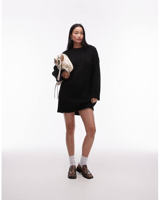 TOPSHOP Black Knitted Fluffy Rib Oversized Crew Mini Dress