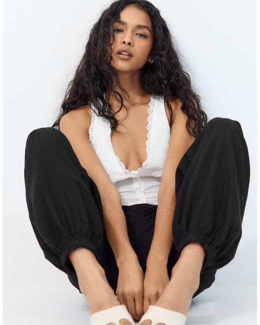 Stradivarius White Linen-effect Sarouel Trousers