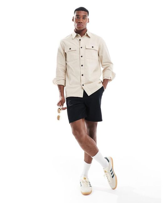 Threadbare White Long Sleeve Linen Slub Shirt With Utlity Pockets for men