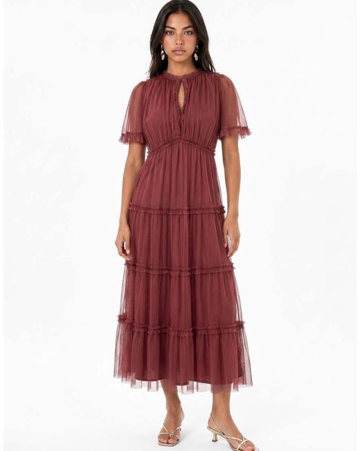 ANAYA Red Keyhole Detail Short Sleeve Frill Midaxi Dress