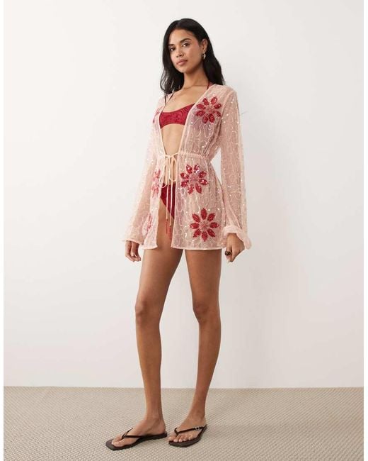 Miss Selfridge Pink Premium Cinched Waist Beaded Mini Beach Cover Up