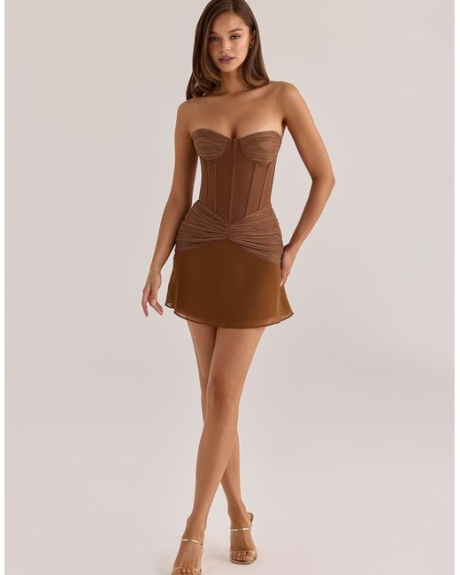House Of Cb Brown Charlotte Bronze Shimmer Chiffon + Mesh Strapless Mini Dress