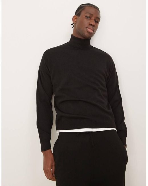 ASOS Black Relaxed Boxy Fit Knitted Roll Neck Jumper for men