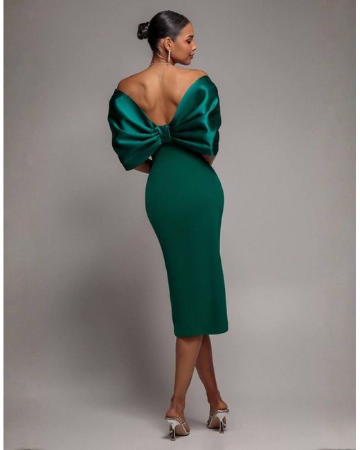 Goddiva Green Off Shoulder Back Satin Bow Wrap Crepe Midi Dress