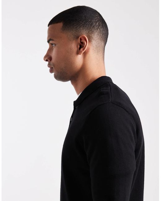 Brave Soul Black Placket Long Sleeve Polo Top for men