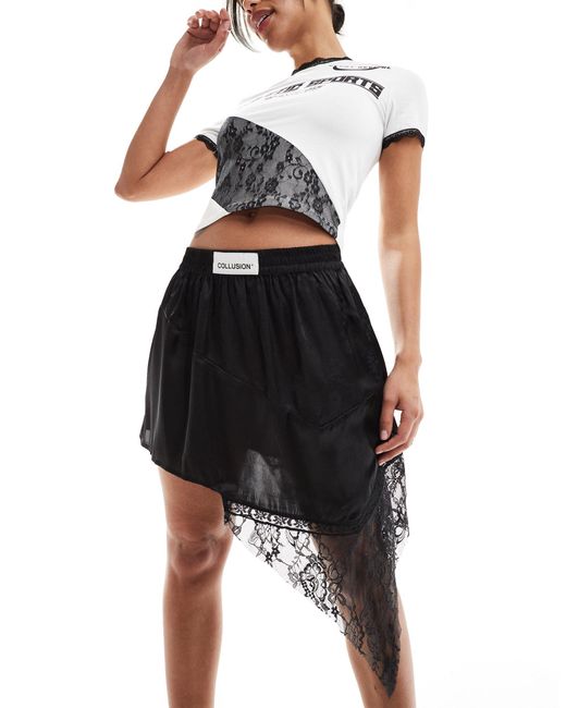 Collusion Black Asymmetric Mini Skirt With Satin And Lace Jacquard Mix