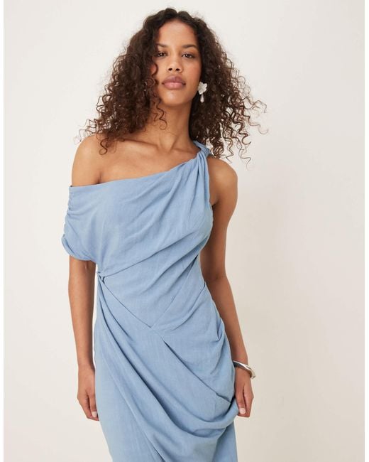 ASOS Blue Linen Mix Fallen Twist Shoulder Wrap Skirt Detail Midi Dress