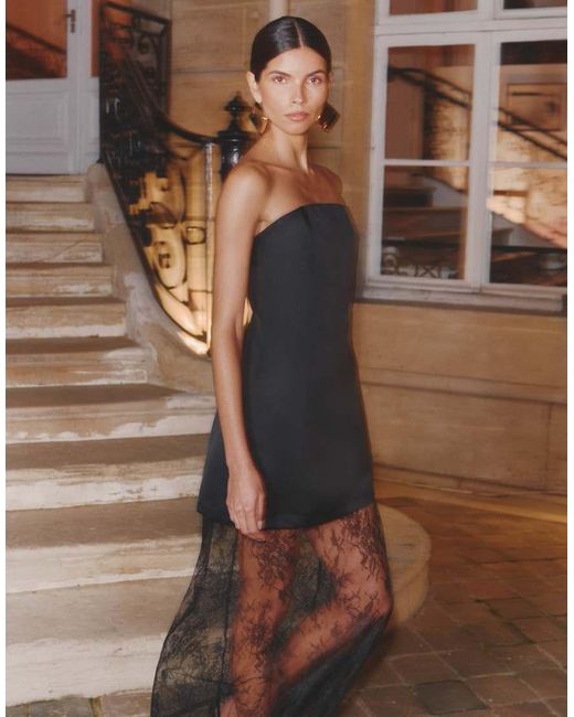 4th & Reckless Brown Satin Structured Bandeau Open Back Lace Sheer Hem Maxi Dress