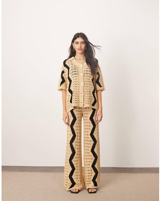 ARRANGE Natural Knitted Wide Leg Trouser Co-ord With Zig Zag