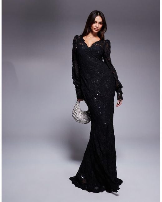 Goddiva Black Embroidered Lace Scalloped Edge Maxi Dress