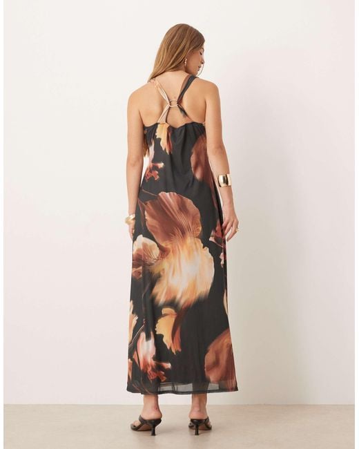 ASOS Natural Mesh Halter Hardware Detail Keyhole Midi Dress