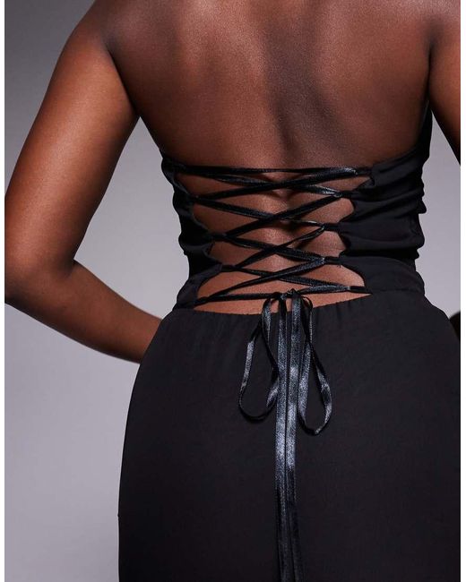 Fashionkilla Blue Exclusive Chiffon Halterneck Lace Up Open Back Detail Sheer Hem Maxi Dress