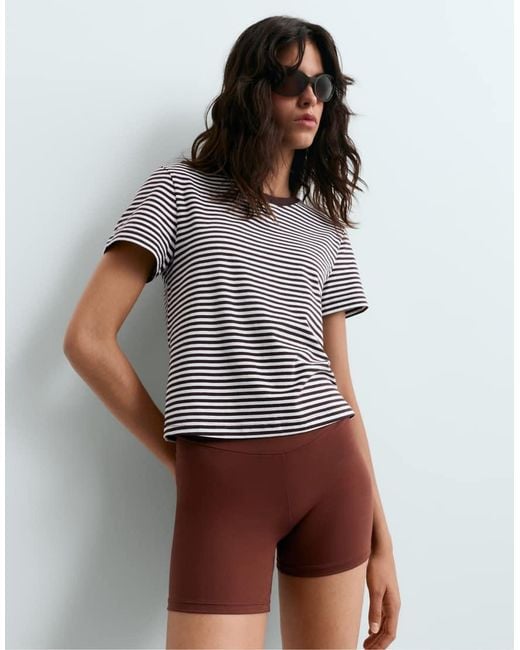 Oysho White Regular Fit Striped Cotton Blend Short-Sleeved T-Shirt