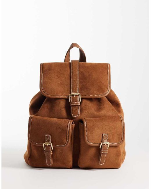 New Look Brown Faux Suede Double Pocket Backpack