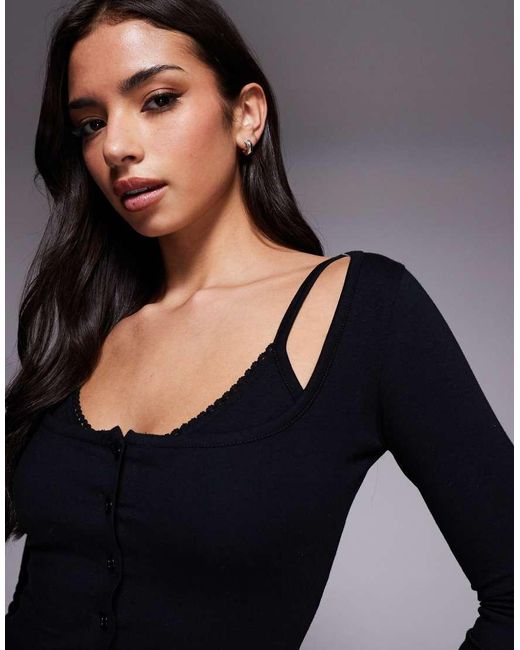 Fashionkilla Black Exclusive Cotton Rich Bra Insert Button Through Long Sleeve Top