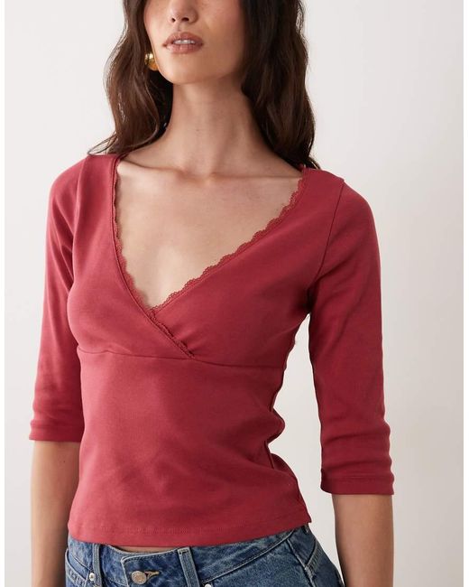 Miss Selfridge Red Three Quarter Length Sleeve Wrap Top