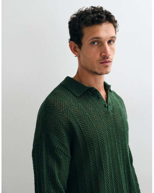 ASOS Green Loversized Long Sleeved Knitted Crochet Polo for men