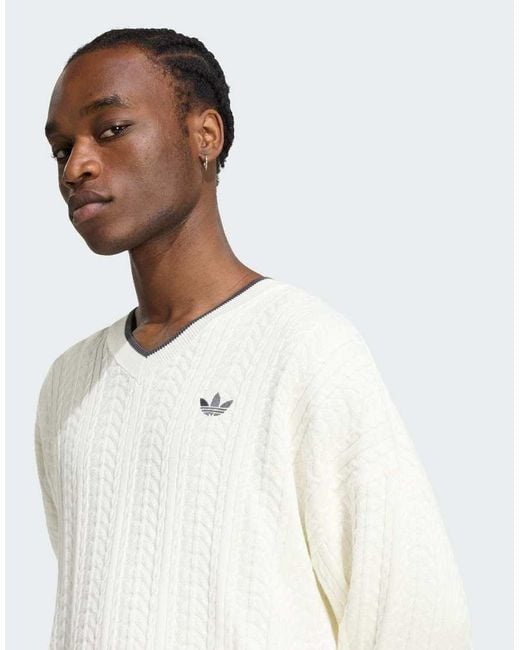 Adidas Originals White Cable Knit Crewneck Sweatshirt for men