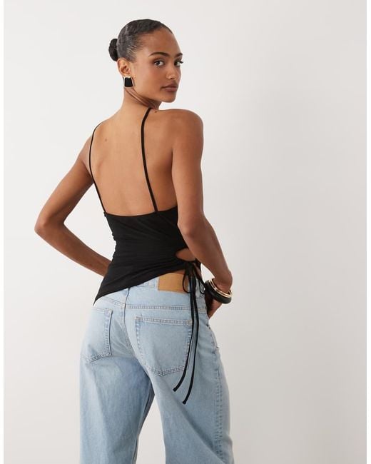 ASOS Black Slinky Ruched Cut Out Halter With Lace Trim