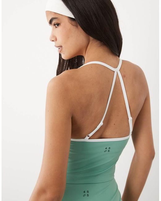 4505 Green Active Ruched Front Singlet With Inner Bra And Contrast Piping