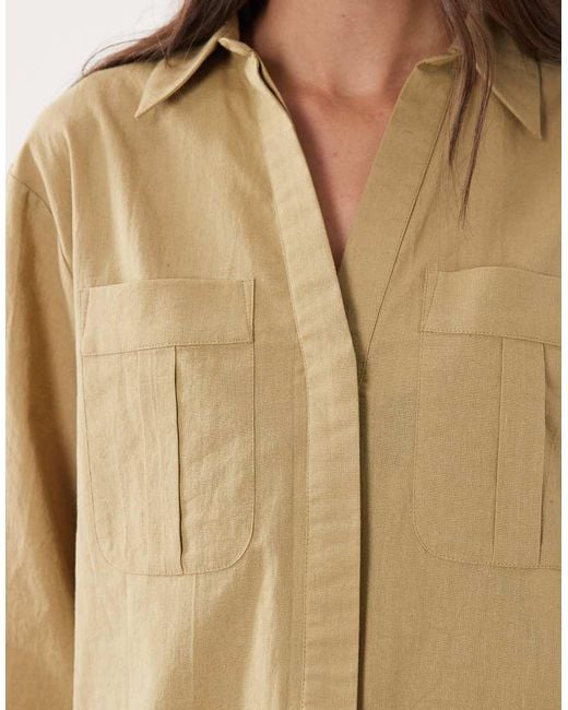 ASOS Natural Cotton Linen Mini Shirt Dress With Wide Cuffs And Oversized Pockets
