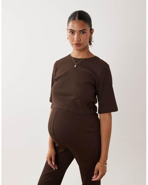 Mama.licious Brown Mamalicious Maternity Cotton Cropped Jersey T-shirt Co-ord