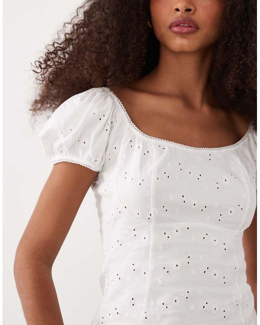 ASOS White Puff Sleeve Milk Maid Jersey Broderie Tee