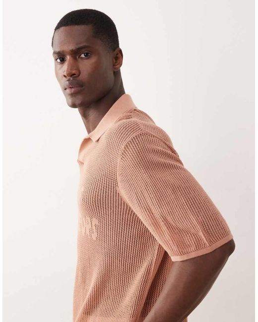 ASOS Brown Relaxed Knitted Mesh Notch Neck Polo With Chest Graphic for men