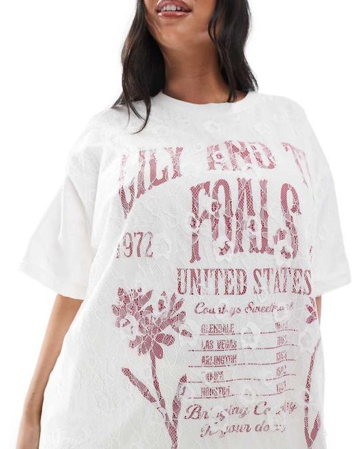 ASOS White Asos Design Curve Oversized T-shirt With Band Graphic With Lace Overlay