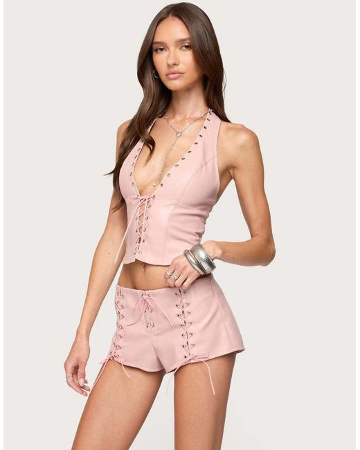 Edikted Pink Elisha Lace Up Faux Leather Halter Top