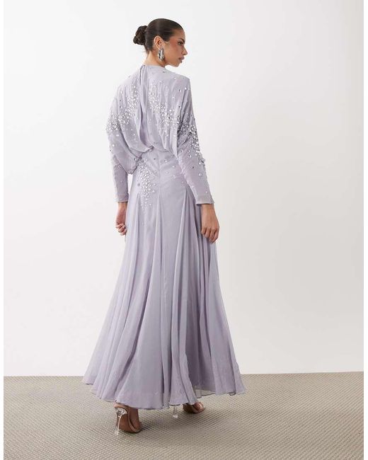 ASOS Purple Blouson Bodice Embellished Batwing Sleeve Maxi Dress With Godet Hem