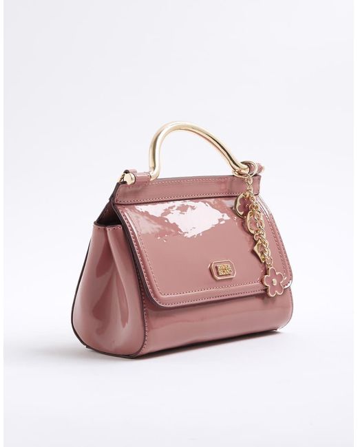 River Island White Patent Metal Handle Mini Tote Bag