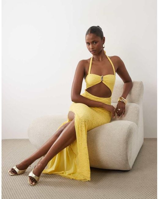 Murci Yellow Lace Halterneck Metal Hardware Cutout Detail Maxi Dress
