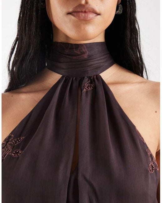 Reclaimed Vintage Brown Limited Edition Halter Neck Mini Dress With Bead Embroidery